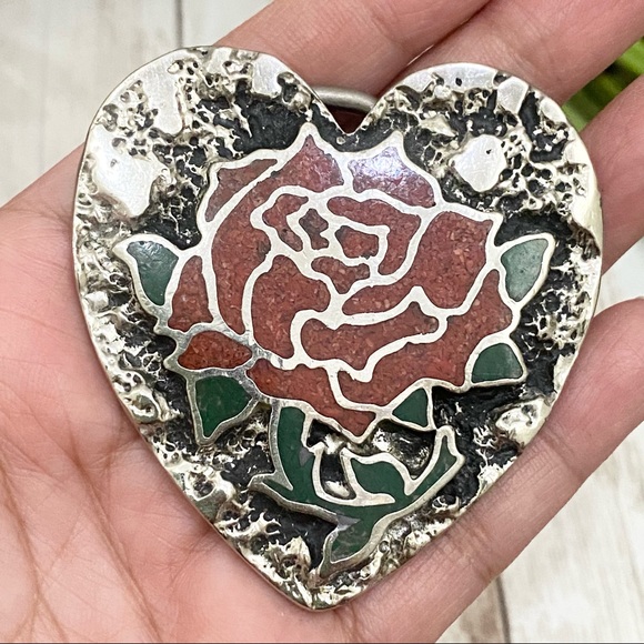 Vintage S.S.I. Enamel Inlay Rose Flower Heart-shaped Belt Buckle - Picture 3 of 12